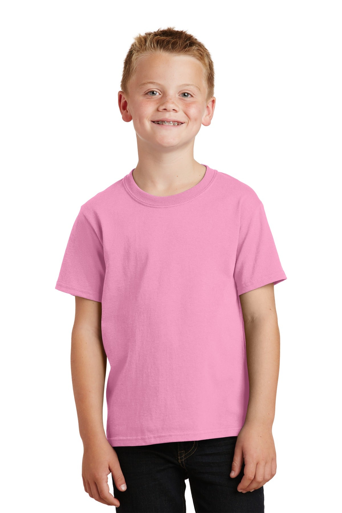 Front View of Candy Pink Port & Co Youth Core Cotton Tee. PC54Y
