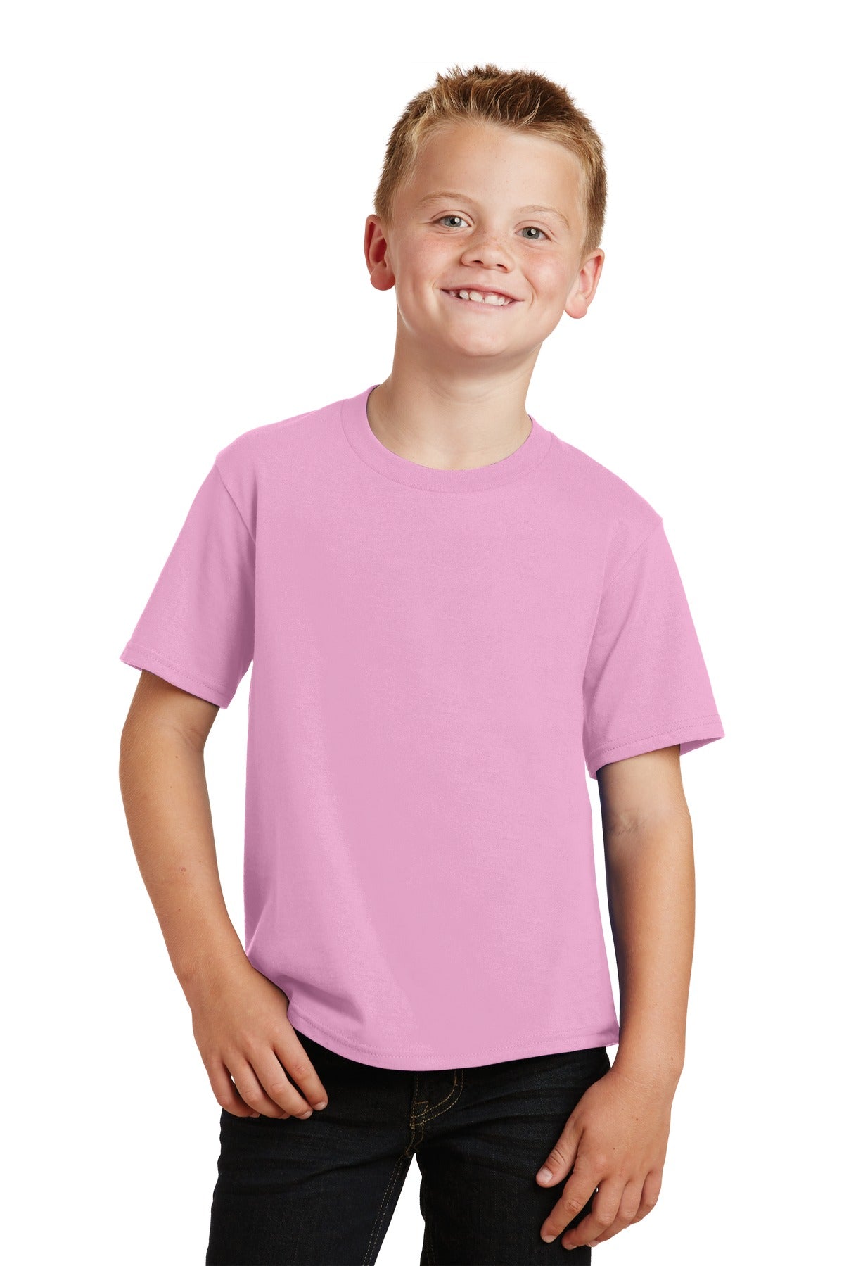 Front View of Candy Pink Port & Co Youth Fan Favorite Tee. PC450Y