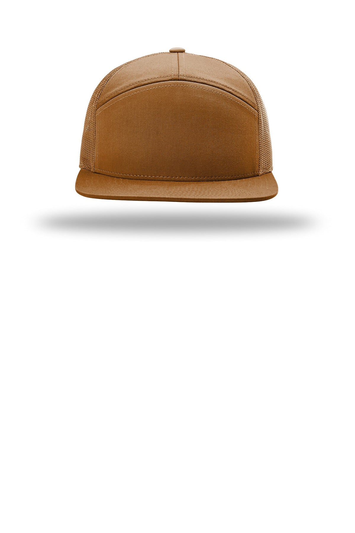 Front View of Caramel Richardson 7-Panel Trucker 168