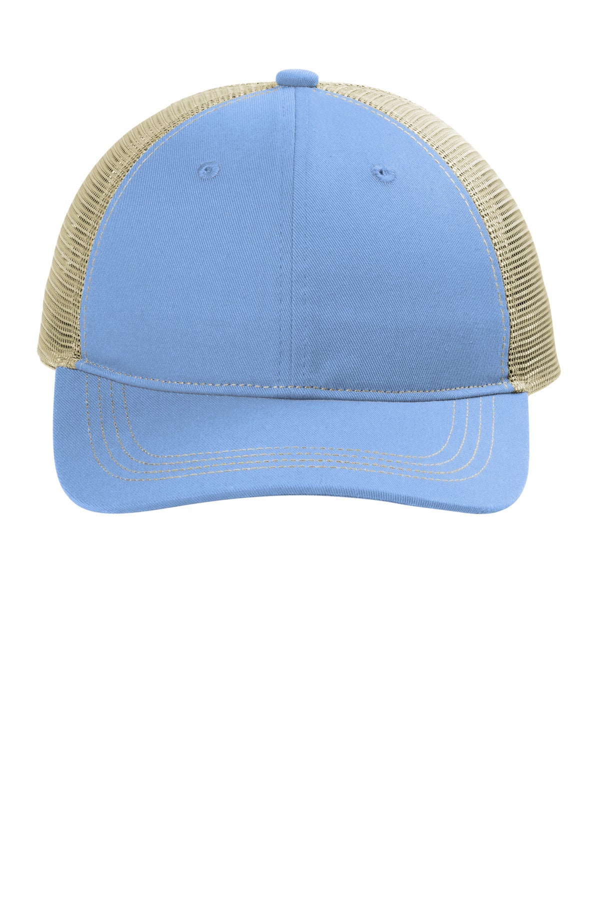 Front View of CarBlu/Tan Port Authority Unstructured Snapback Trucker Cap C409