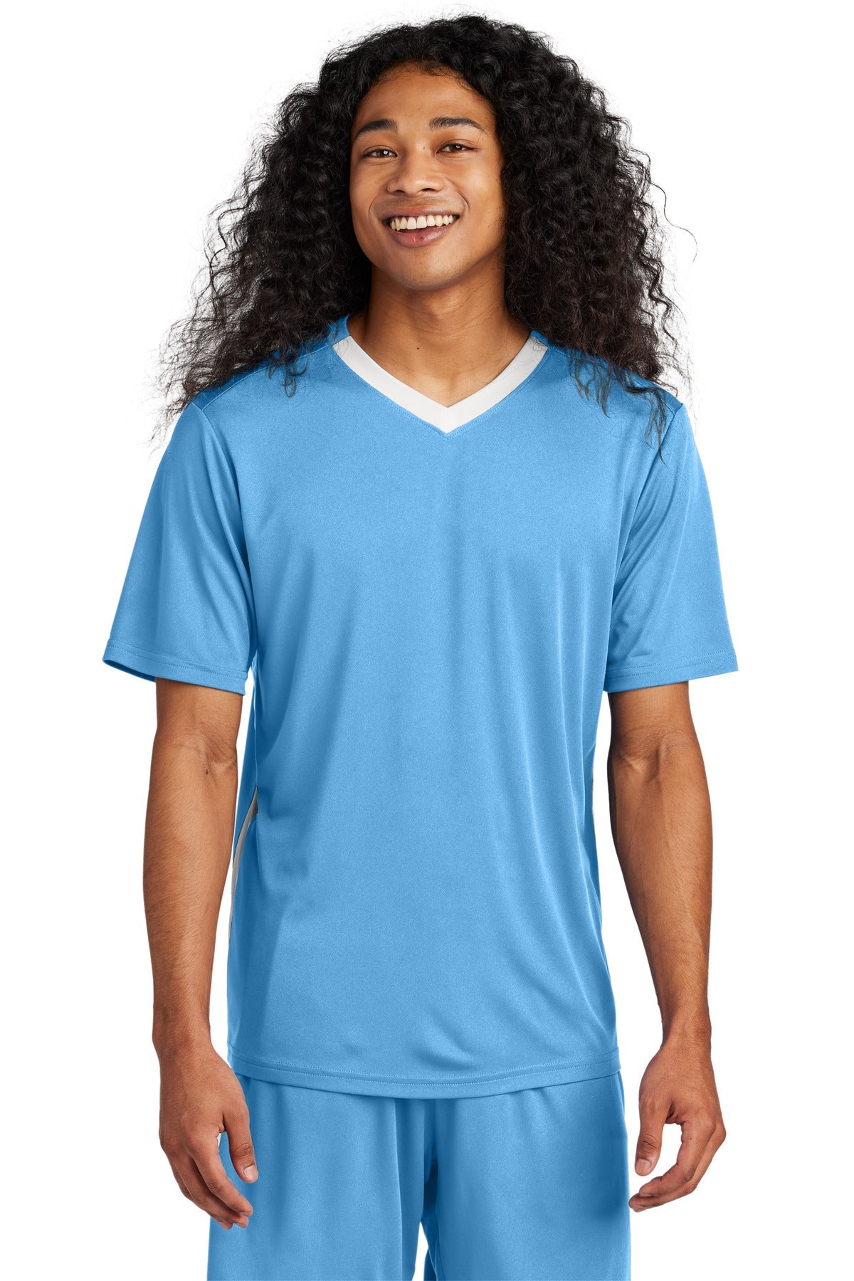 Front View of CarBl/Wht Sport-Tek Competitor United V-Neck ST101