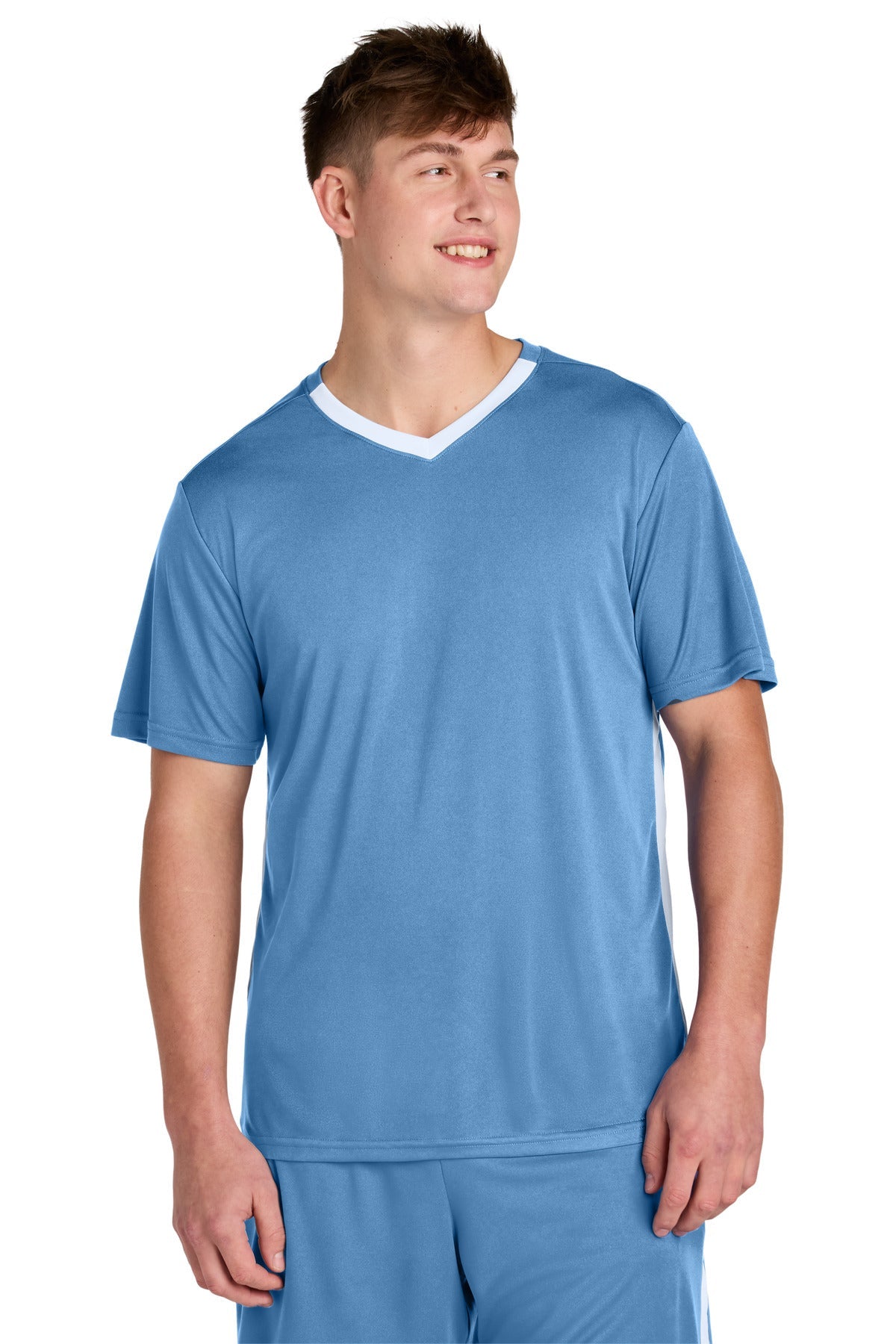 Front View of CarBl/Wht Sport-Tek Competitor United V-Neck ST101