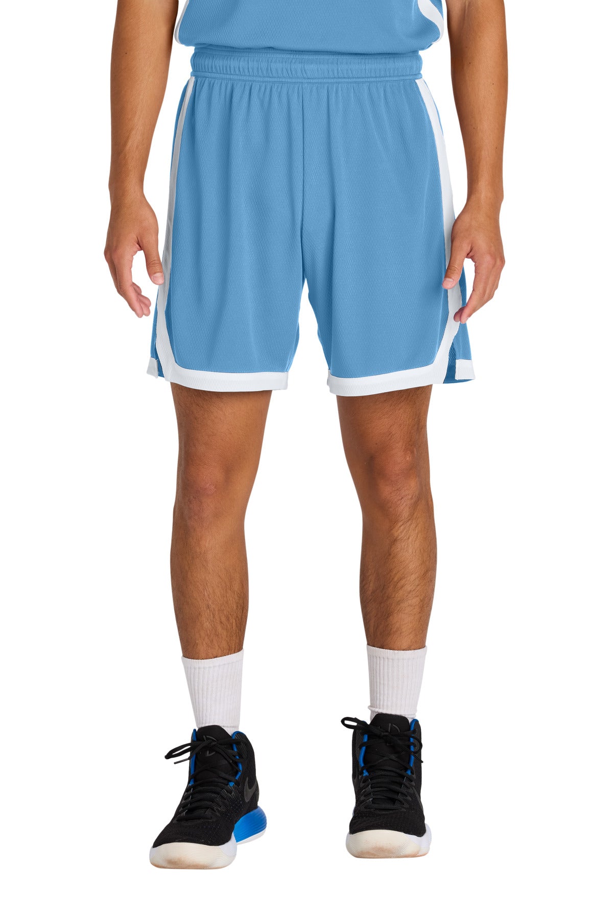 Front View of CarBl/Wht Sport-Tek Rival Basketball 7"Short ST901