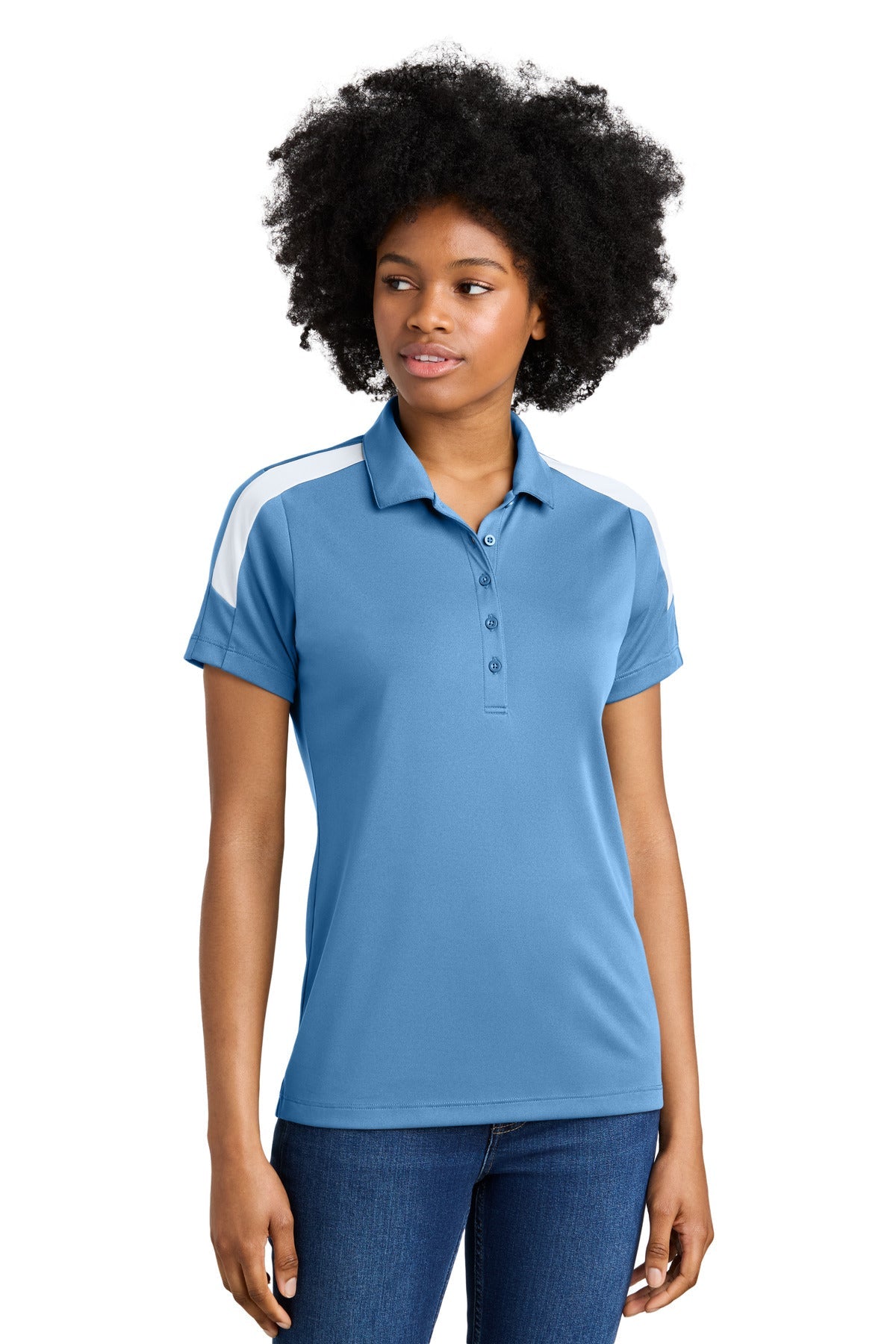 Front View of CarBl/Wht Sport-Tek Women's Competitor United Polo LST104