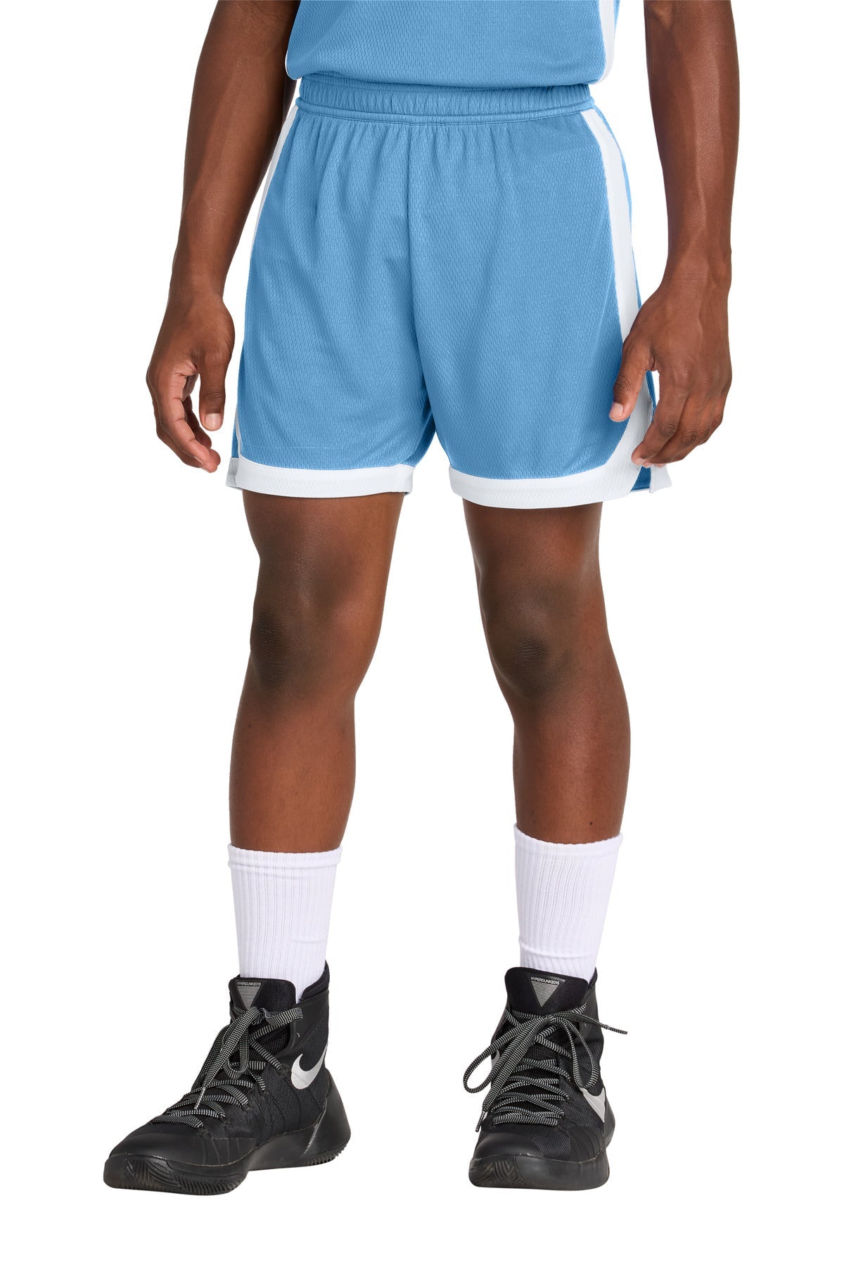Front View of CarBl/Wht Sport-Tek Youth Rival Basketball 5" Short YST901