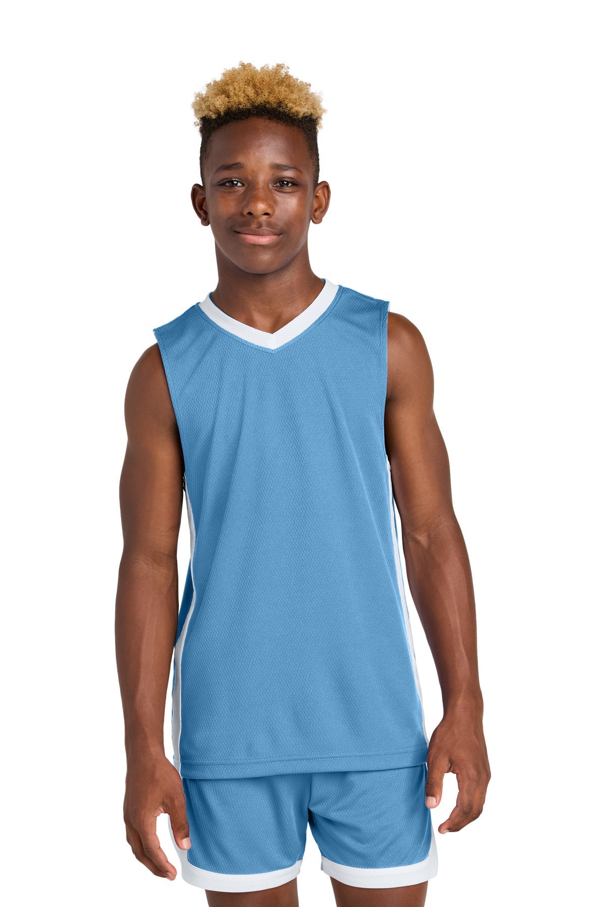 Front View of CarBl/Wht Sport-Tek Youth Rival Basketball Rev Jersey YST900