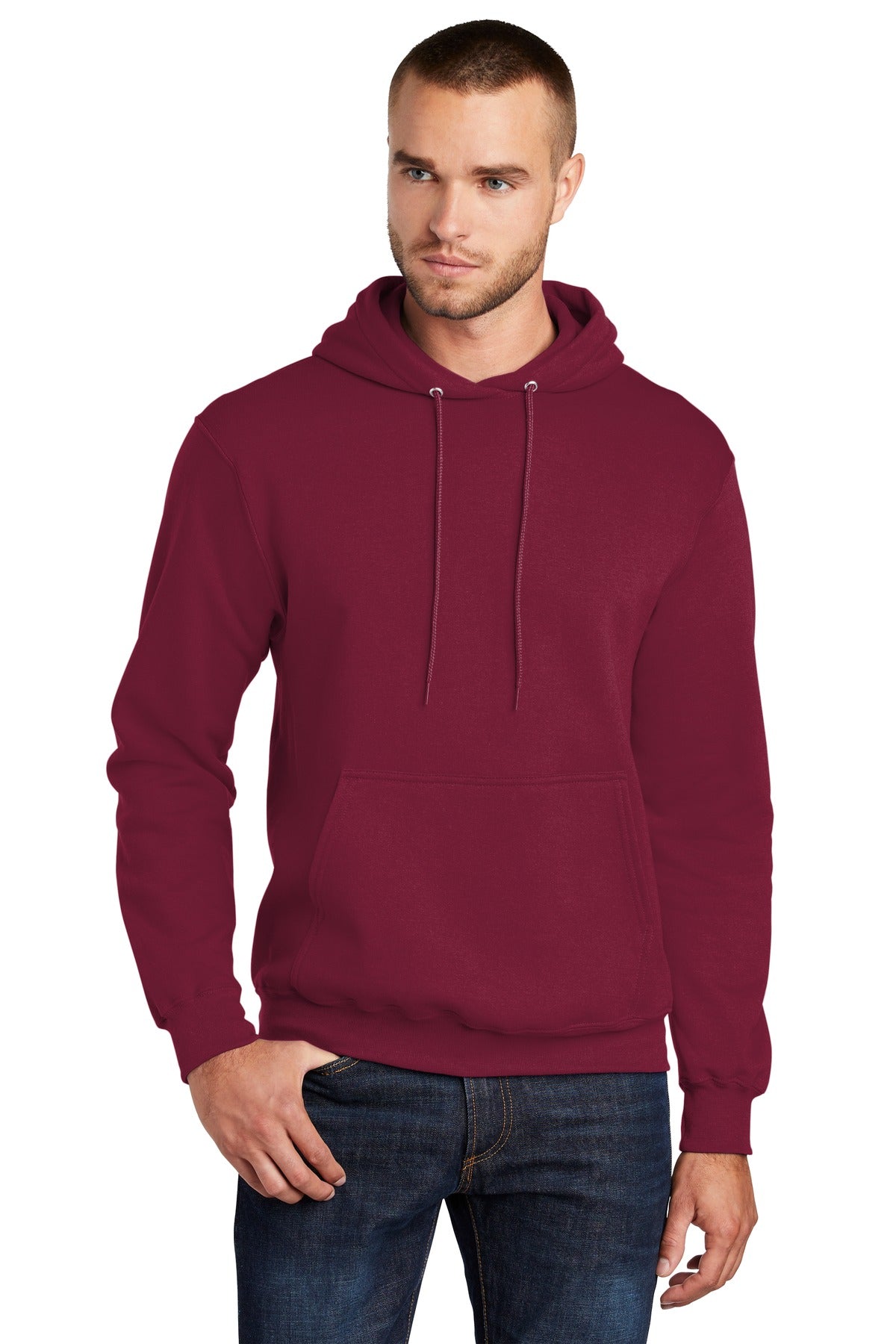 Front View of Cardinal Port & Co Core Fleece Pullover Hooded Sweatshirt. PC78H
