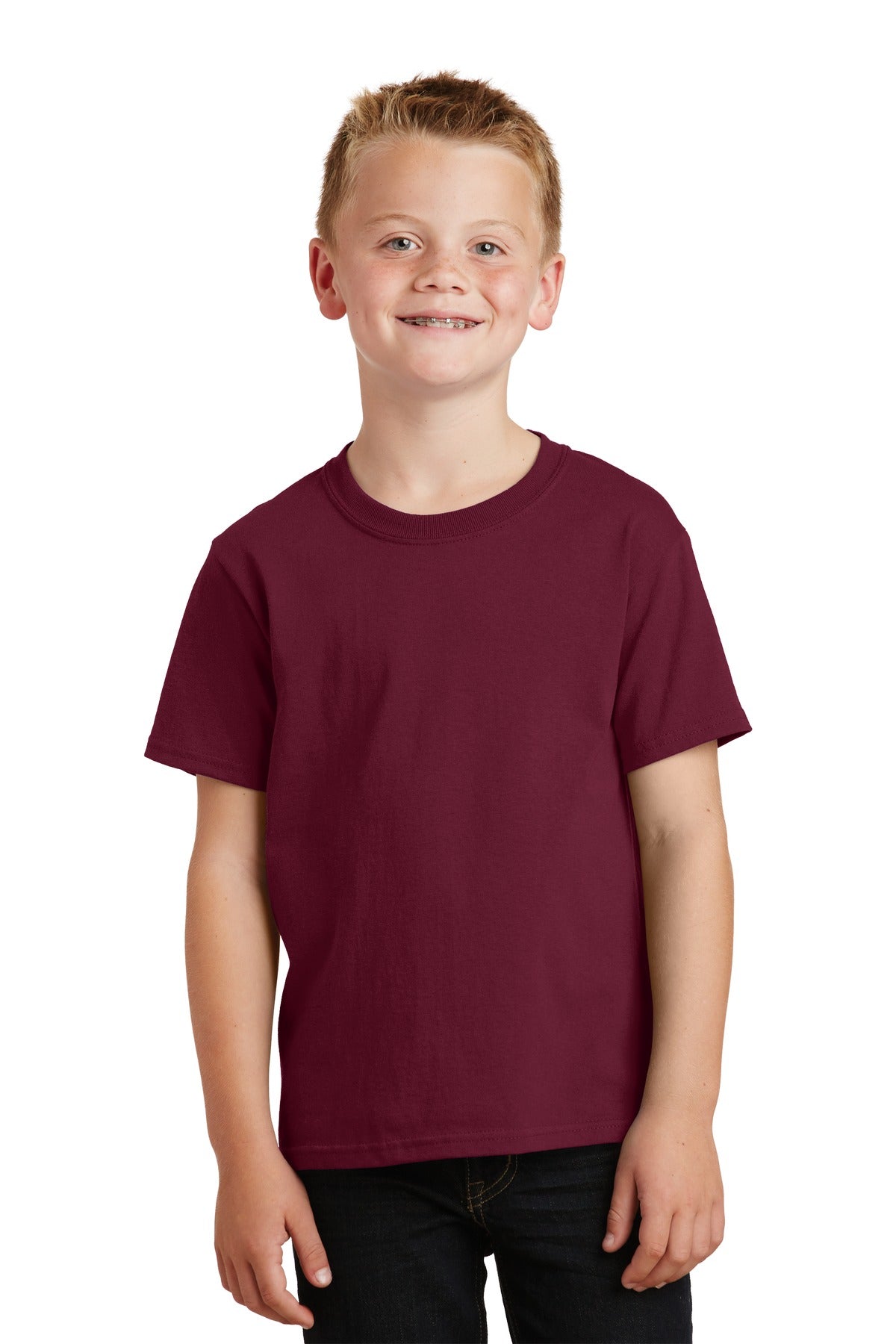 Front View of Cardinal Port & Co Youth Core Cotton Tee. PC54Y