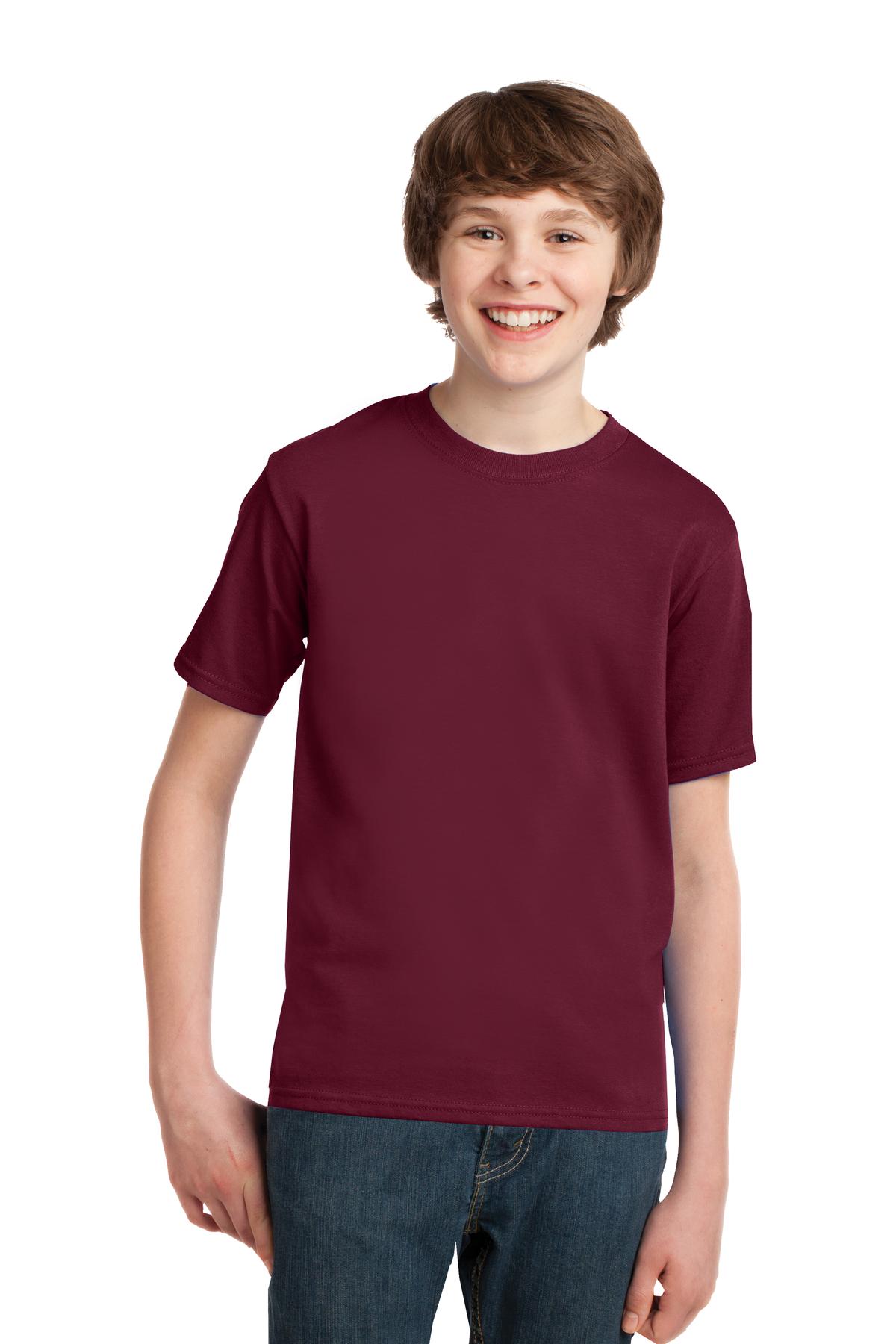Front View of Cardinal Port & Co Youth Essential Tee. PC61Y