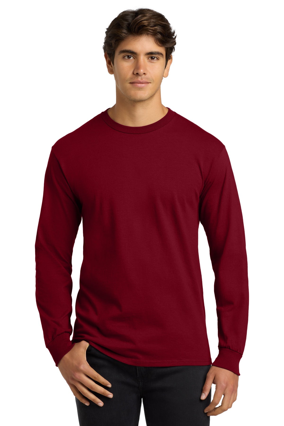 Front View of Cardinal Red Gildan - Ultra Cotton 100% US Cotton Long Sleeve T-Shirt. G2400