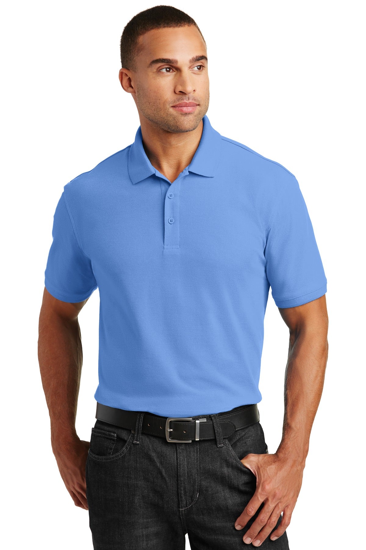 Front View of Carolina Blue Port Authority Core Classic Pique Polo. K100