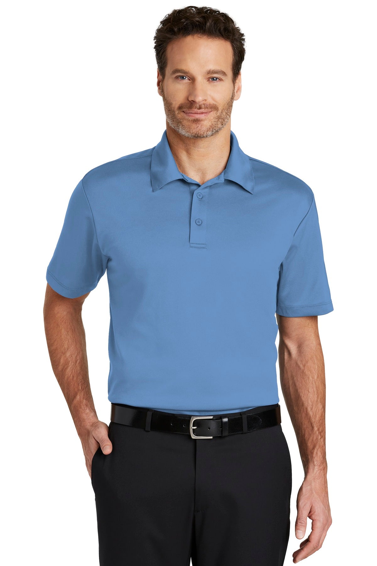 Front View of Carolina Blue Port Authority Silk Touch Performance Polo. K540