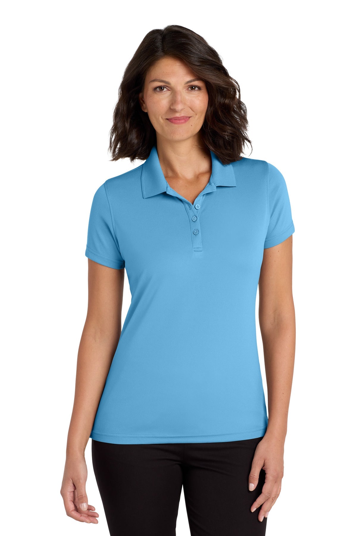 Front View of Carolina Blue Port Authority Women's Dry Zone UV Micro-Mesh Polo. LK110