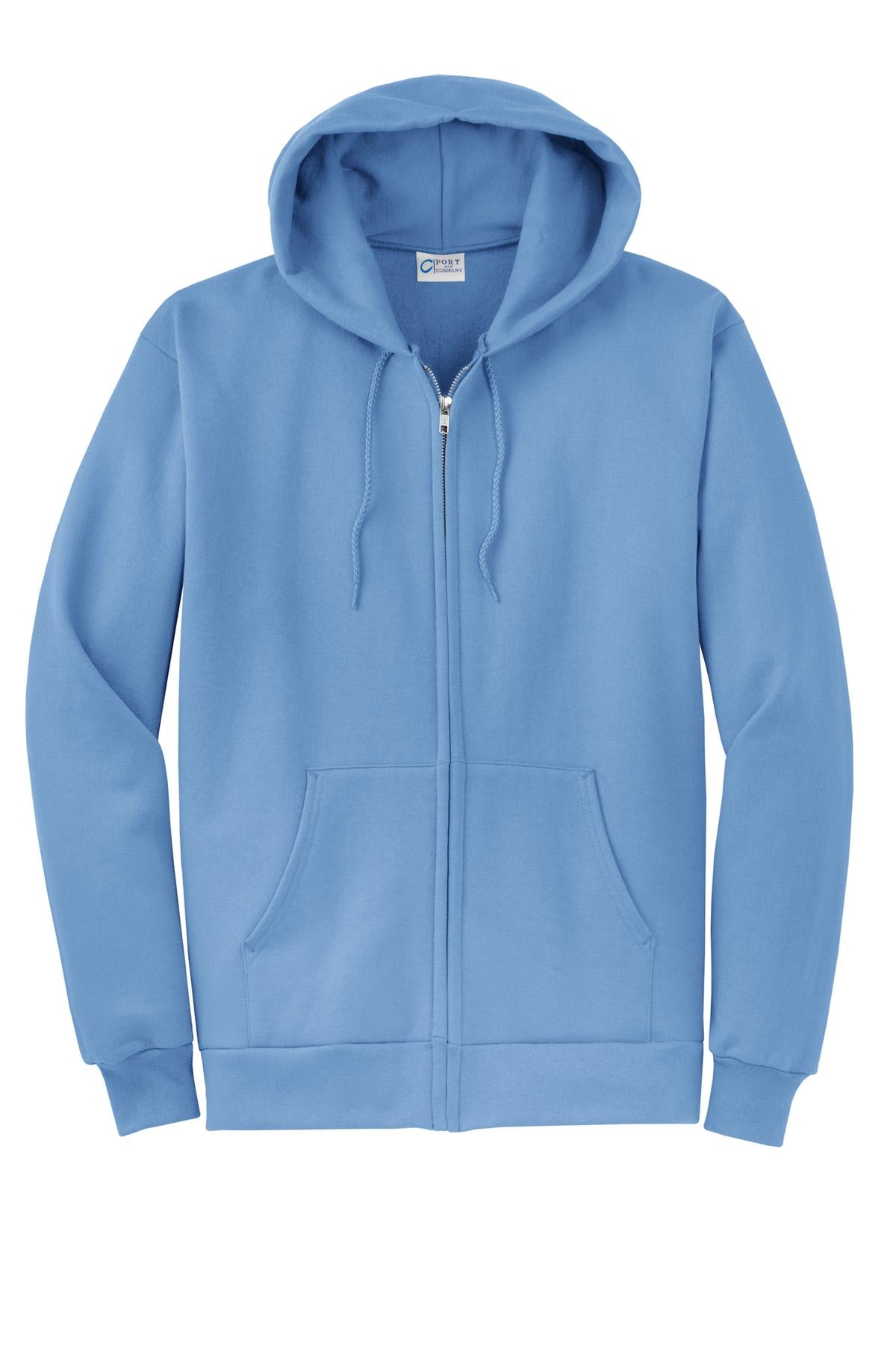 Front View of Carolina Blue Port & Co Core Fleece Full-Zip Hooded Sweatshirt. PC78ZH