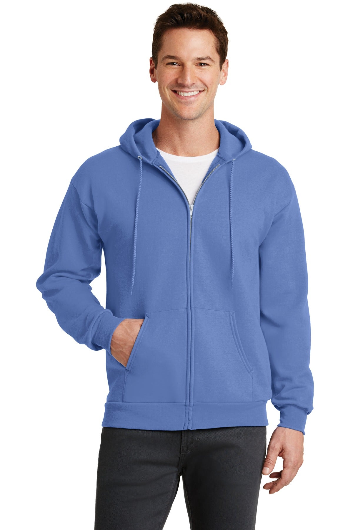 Front View of Carolina Blue Port & Co Core Fleece Full-Zip Hooded Sweatshirt. PC78ZH