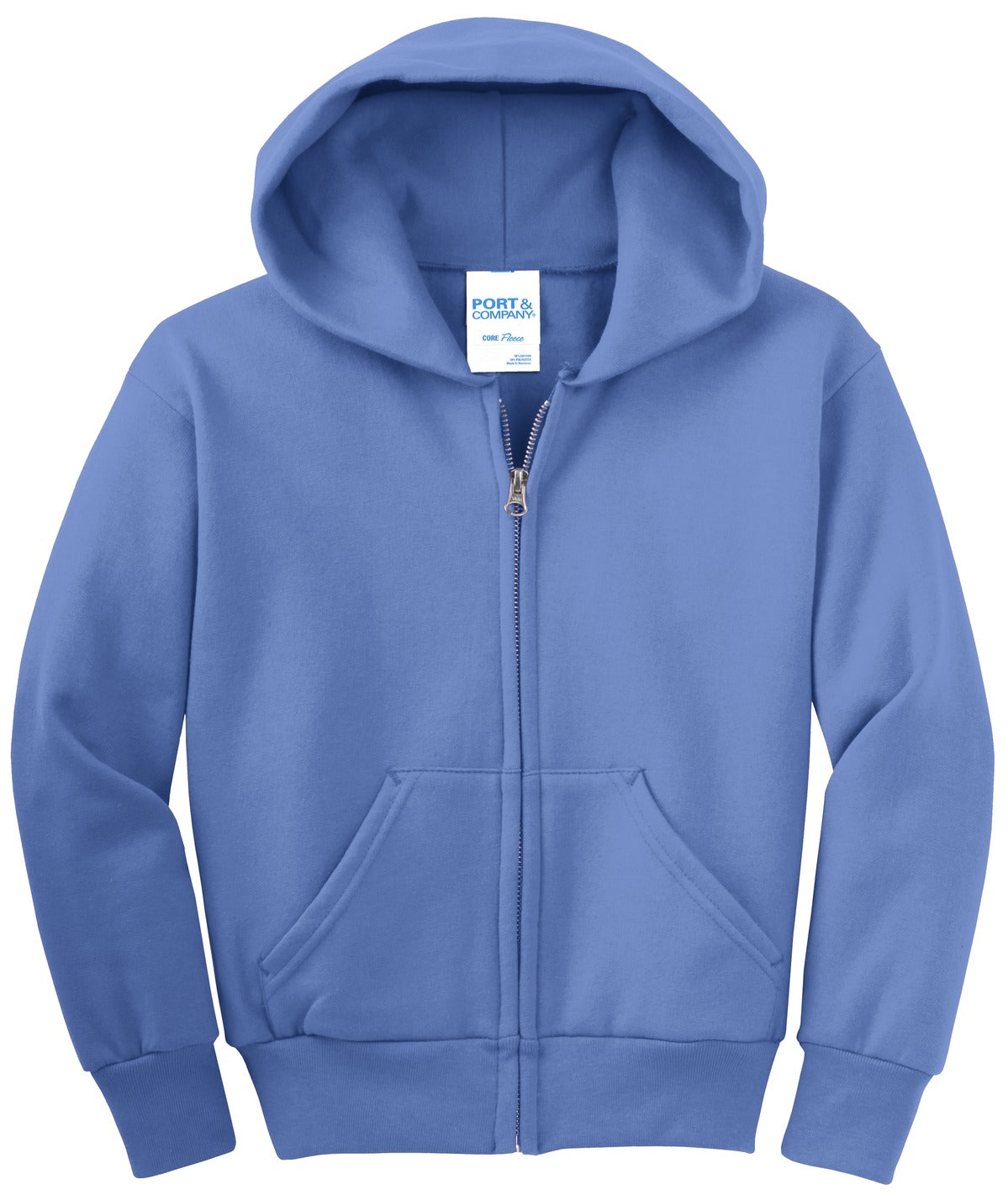 Front View of Carolina Blue Port & Co Youth Core Fleece Full-Zip Hooded Sweatshirt. PC90YZH