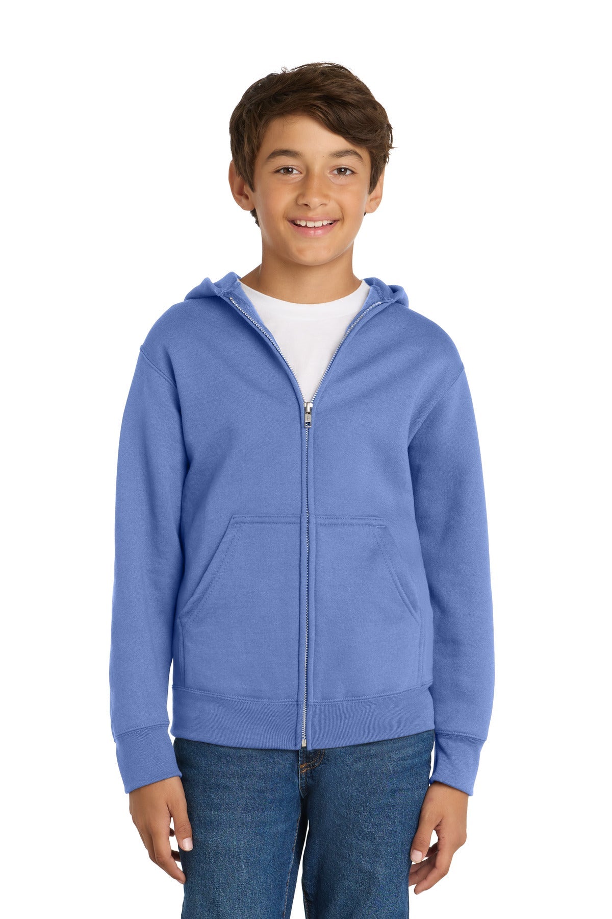 Front View of Carolina Blue Port & Co Youth Core Fleece Full-Zip Hooded Sweatshirt. PC90YZH