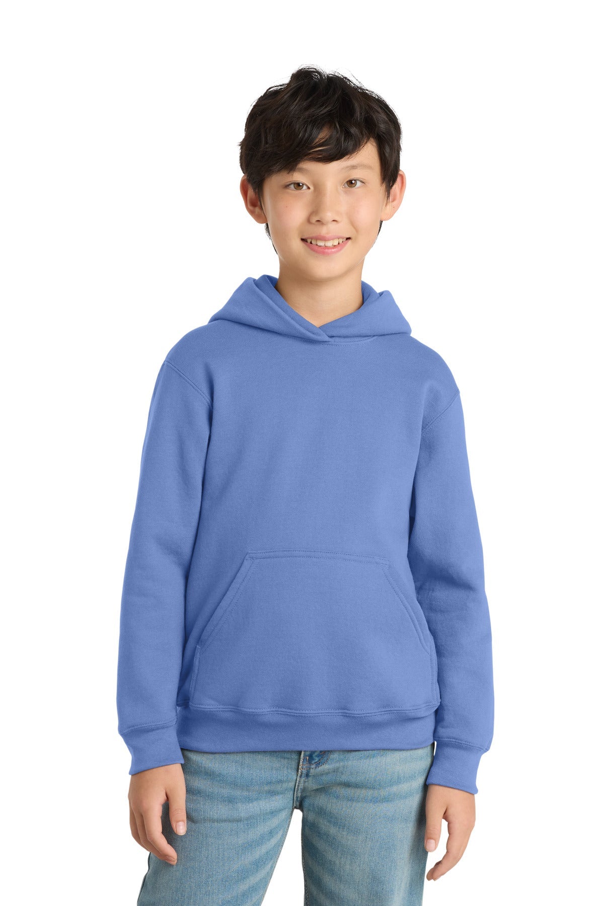 Front View of Carolina Blue Port & Co Youth Core Fleece Pullover Hooded Sweatshirt. PC90YH