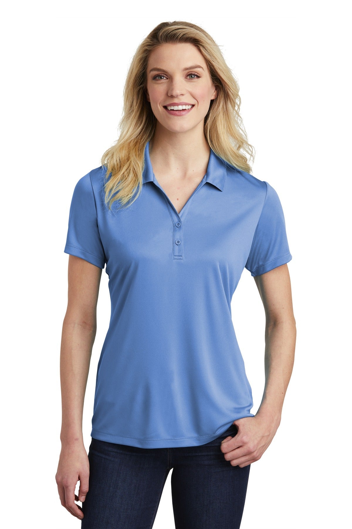 Front View of Carolina Blue Sport-Tek Women's PosiCharge Competitor Polo. LST550