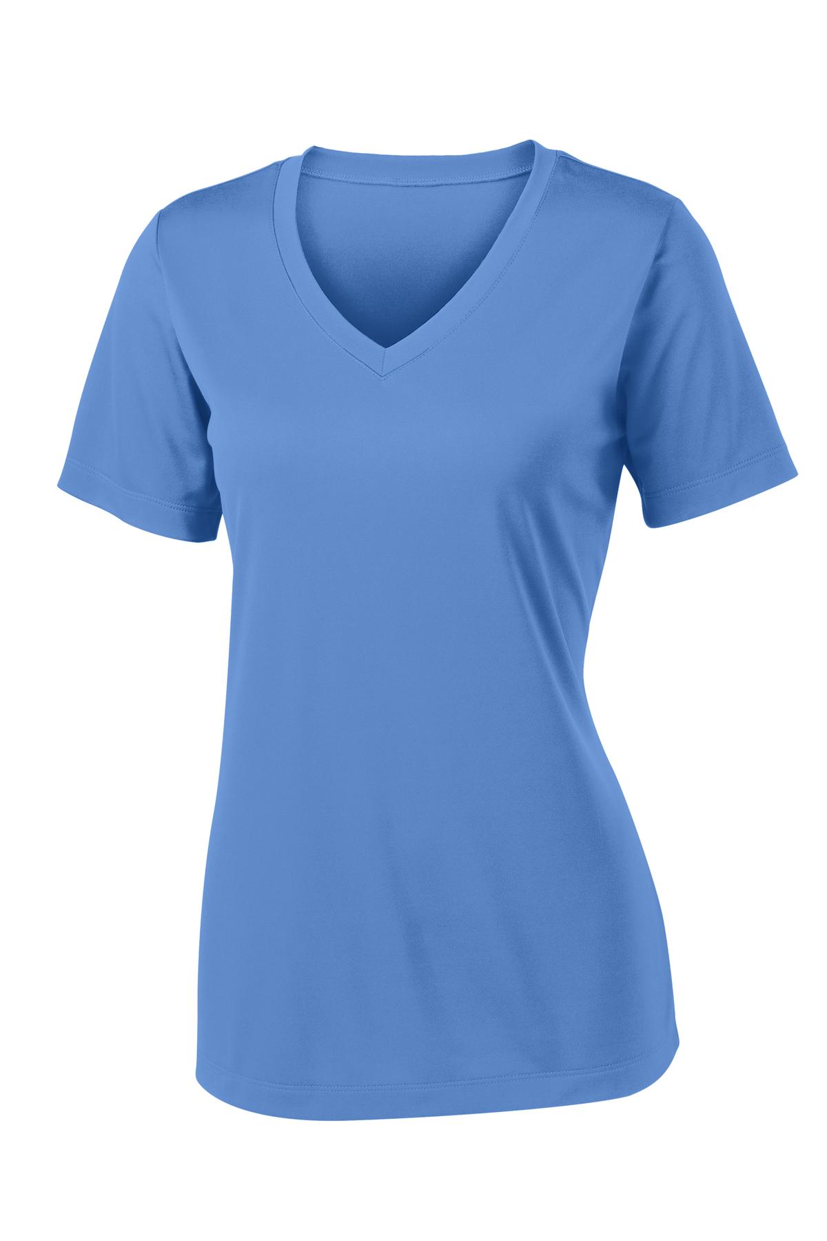 Front View of Carolina Blue Sport-Tek Women's PosiCharge Competitor V-Neck Tee. LST353