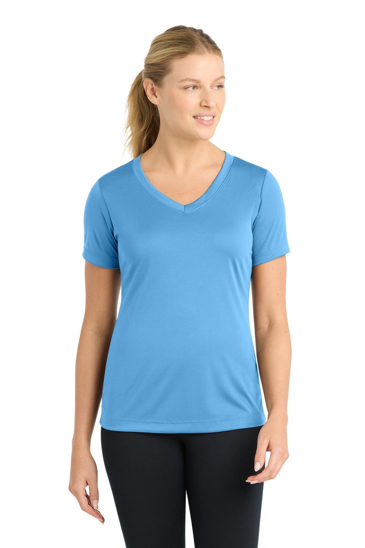 Front View of Carolina Blue Sport-Tek Women's PosiCharge Competitor V-Neck Tee. LST353