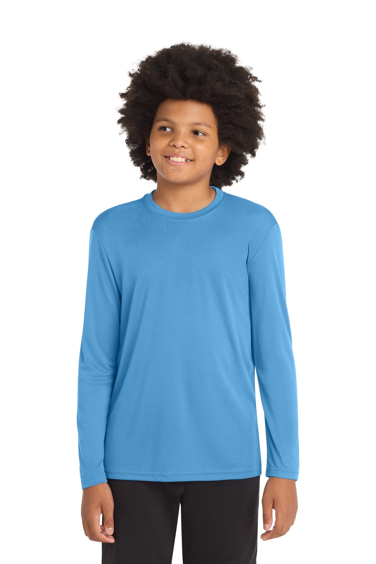 Front View of Carolina Blue Sport-Tek Youth Long Sleeve PosiCharge Competitor Tee. YST350LS
