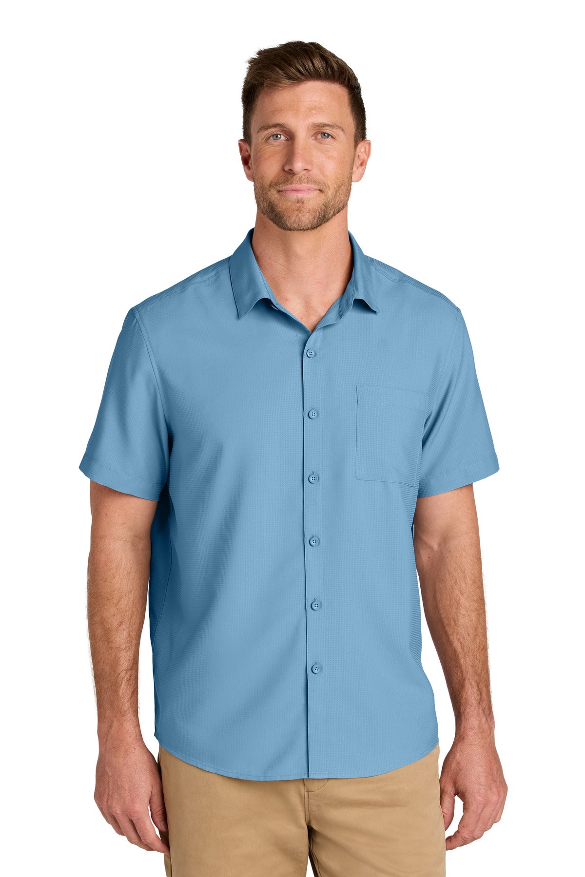 Front View of CarolinaBl Port Authority Short Sleeve UV Dockside Shirt W963