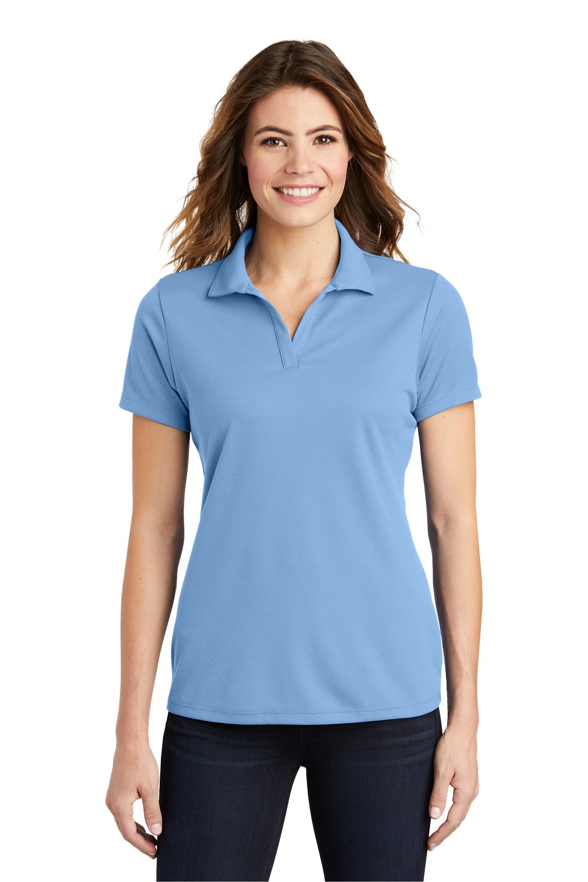 Front View of CarolinaBl Sport-Tek Women's PosiCharge RacerMesh Polo. LST640