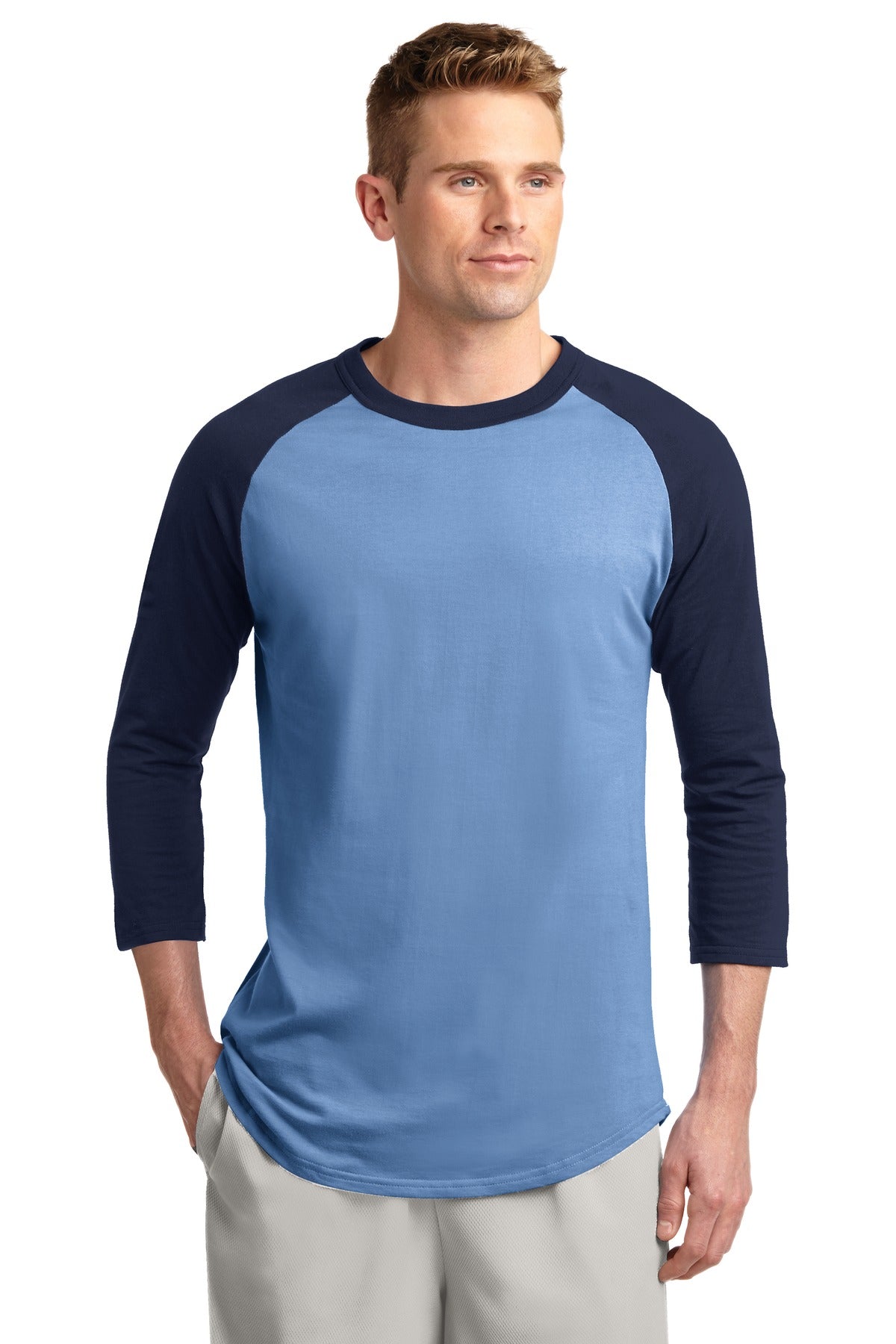 Front View of CarolinaBlu/Ny Sport-Tek Colorblock Raglan Jersey. T200