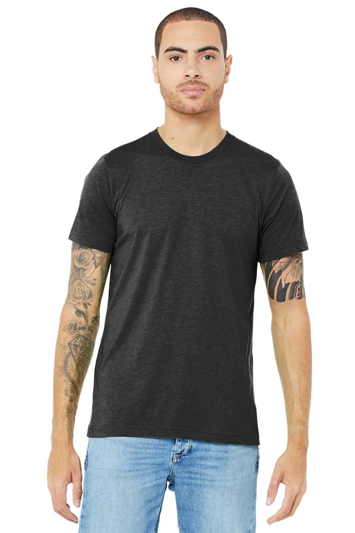 Front View of Char-Blk TB BELLA+CANVAS Unisex Triblend Short Sleeve Tee. BC3413
