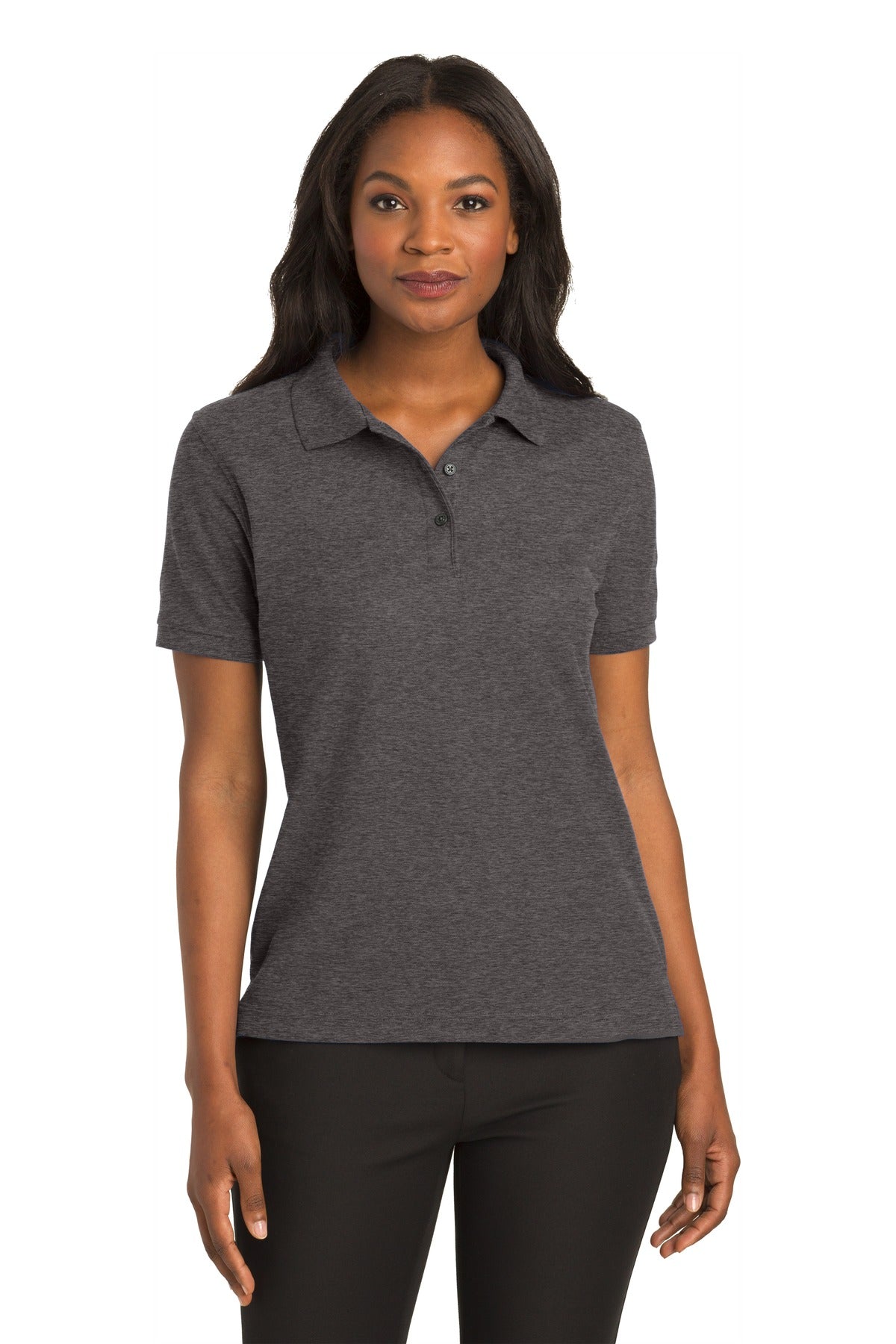 Front View of Char Hthr Grey Port Authority Women's Silk Touch Polo. L500
