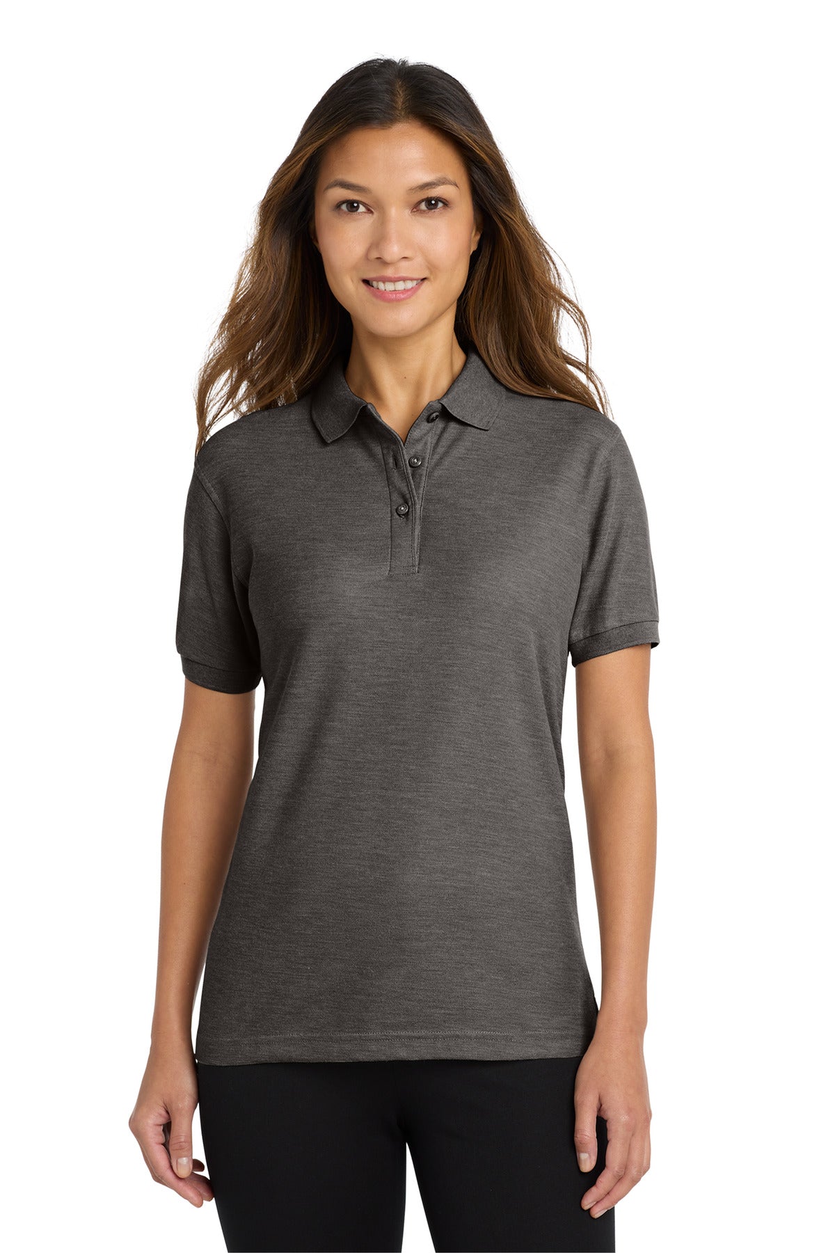 Front View of Char Hthr Grey Port Authority Women's Silk Touch Polo. L500