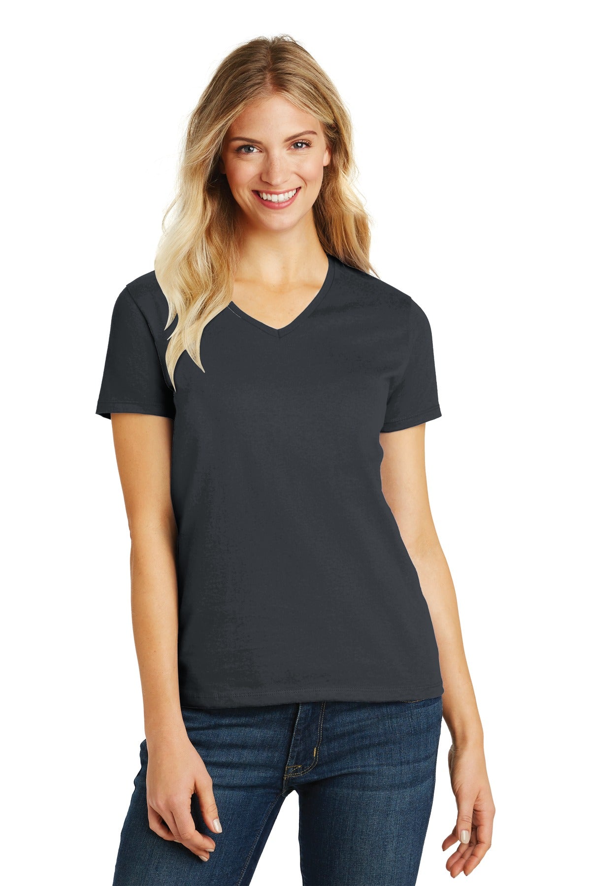 Front View of Charcoal District Women's Perfect Blend CVC V-Neck Tee. DM1190L