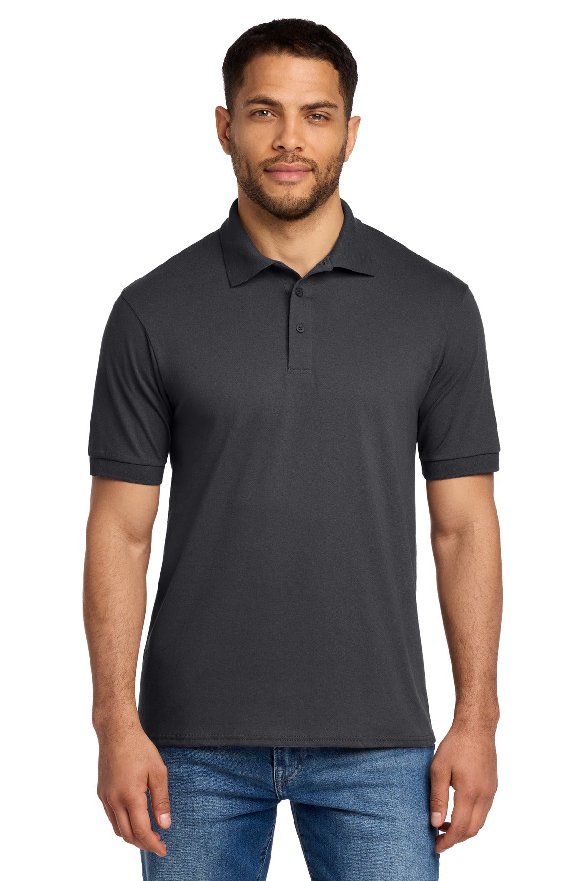 Front View of Charcoal Port & Co Core Blend Jersey Knit Polo. KP55