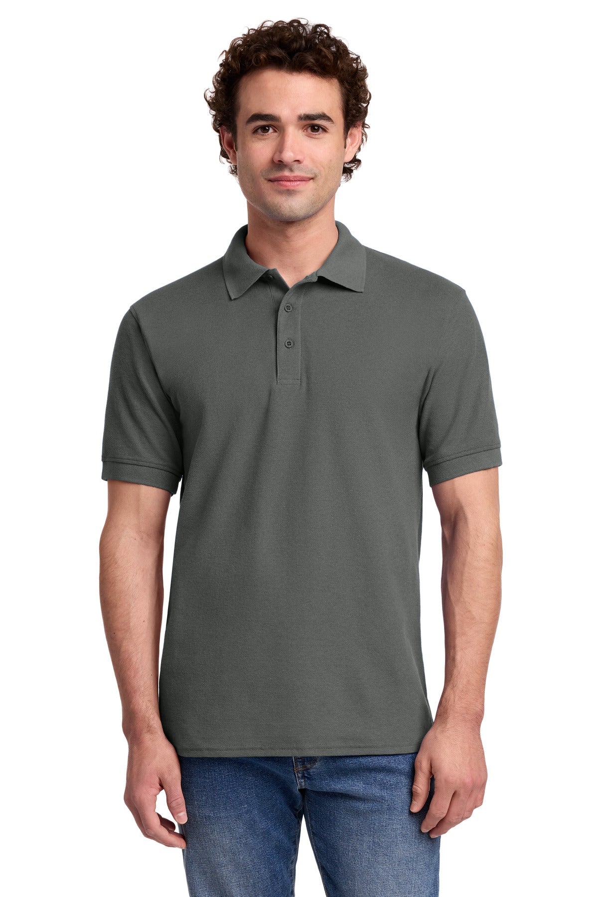 Front View of Charcoal Port & Co Core Blend Pique Polo. KP155