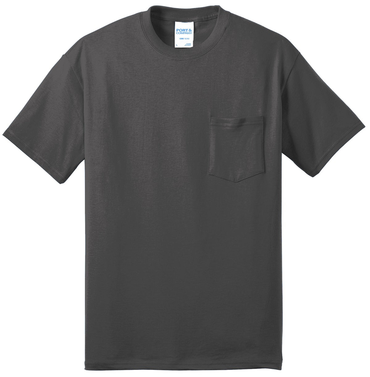 Front View of Charcoal Port & Co Core Blend Pocket Tee. PC55P