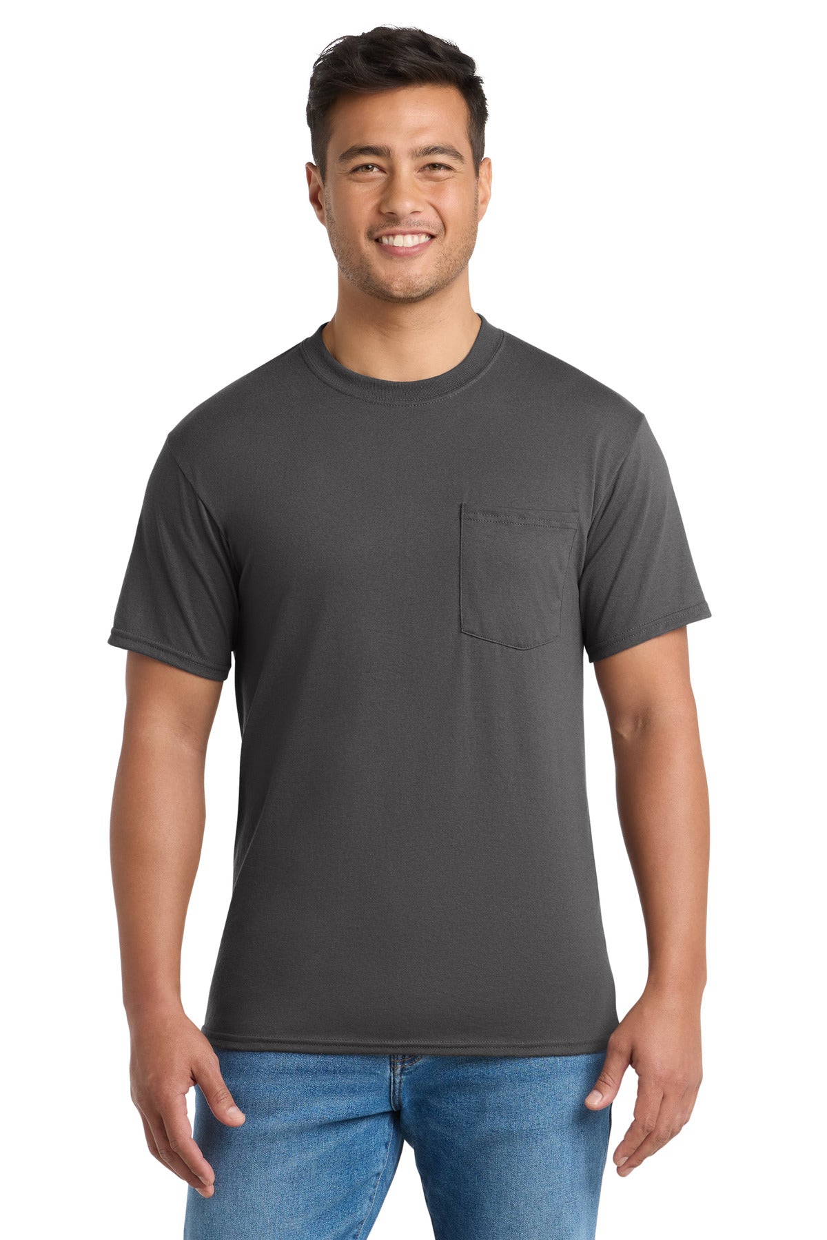 Front View of Charcoal Port & Co Core Blend Pocket Tee. PC55P