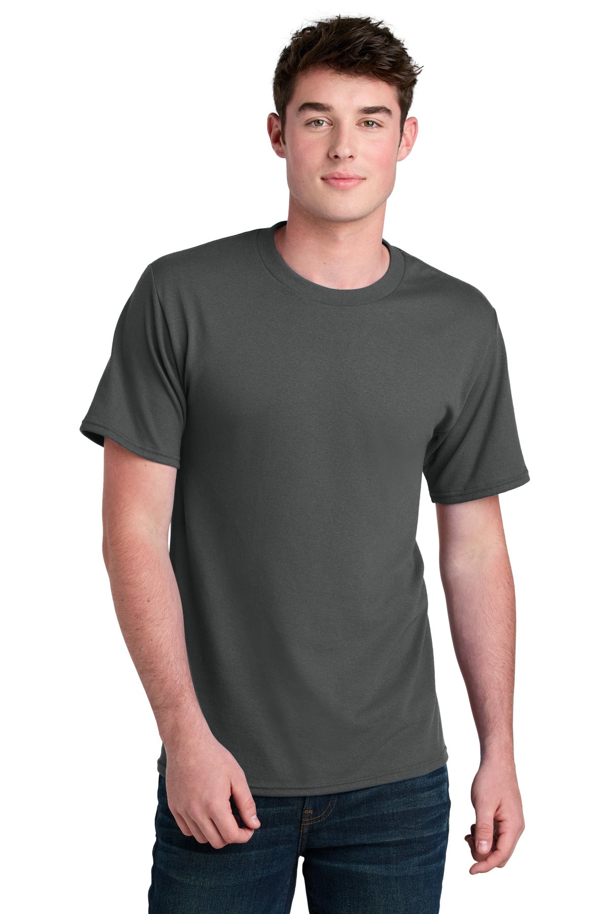 Front View of Charcoal Port & Co Core Blend Recycled Tee PC01