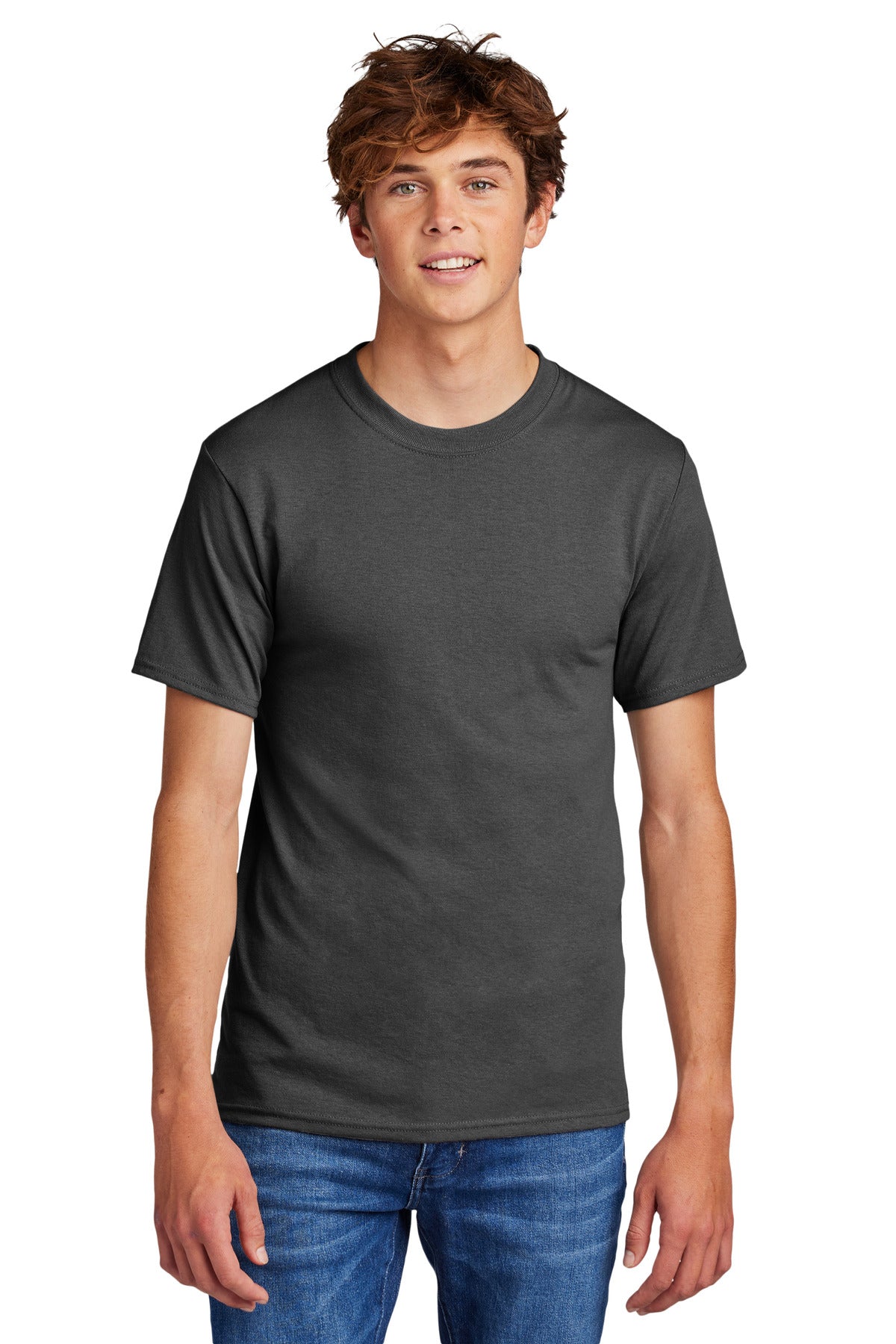 Front View of Charcoal Port & Co Core Blend Tee. PC55