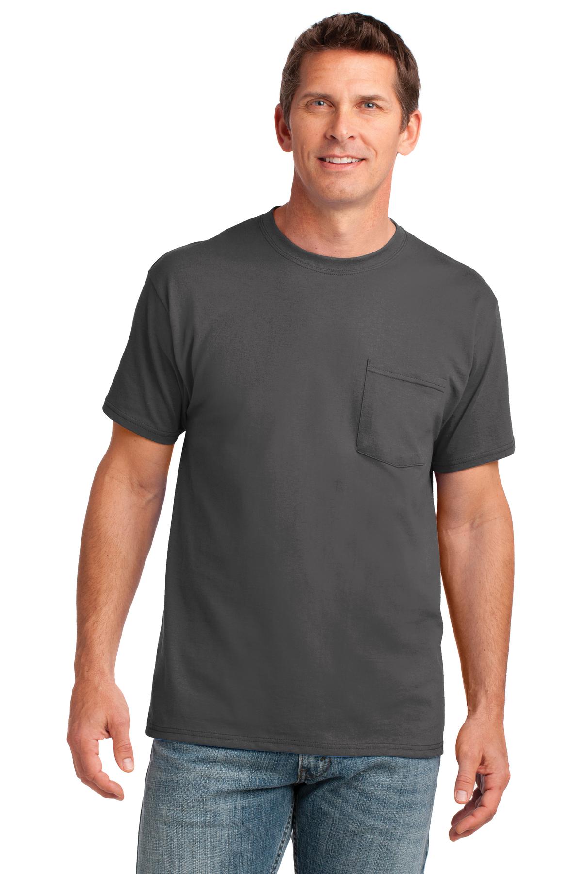 Front View of Charcoal Port & Co Core Cotton Pocket Tee. PC54P