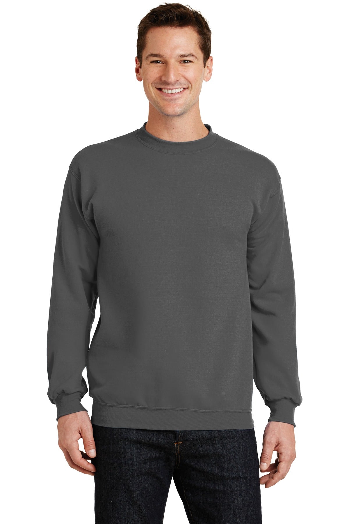 Front View of Charcoal Port & Co Core Fleece Crewneck Sweatshirt. PC78