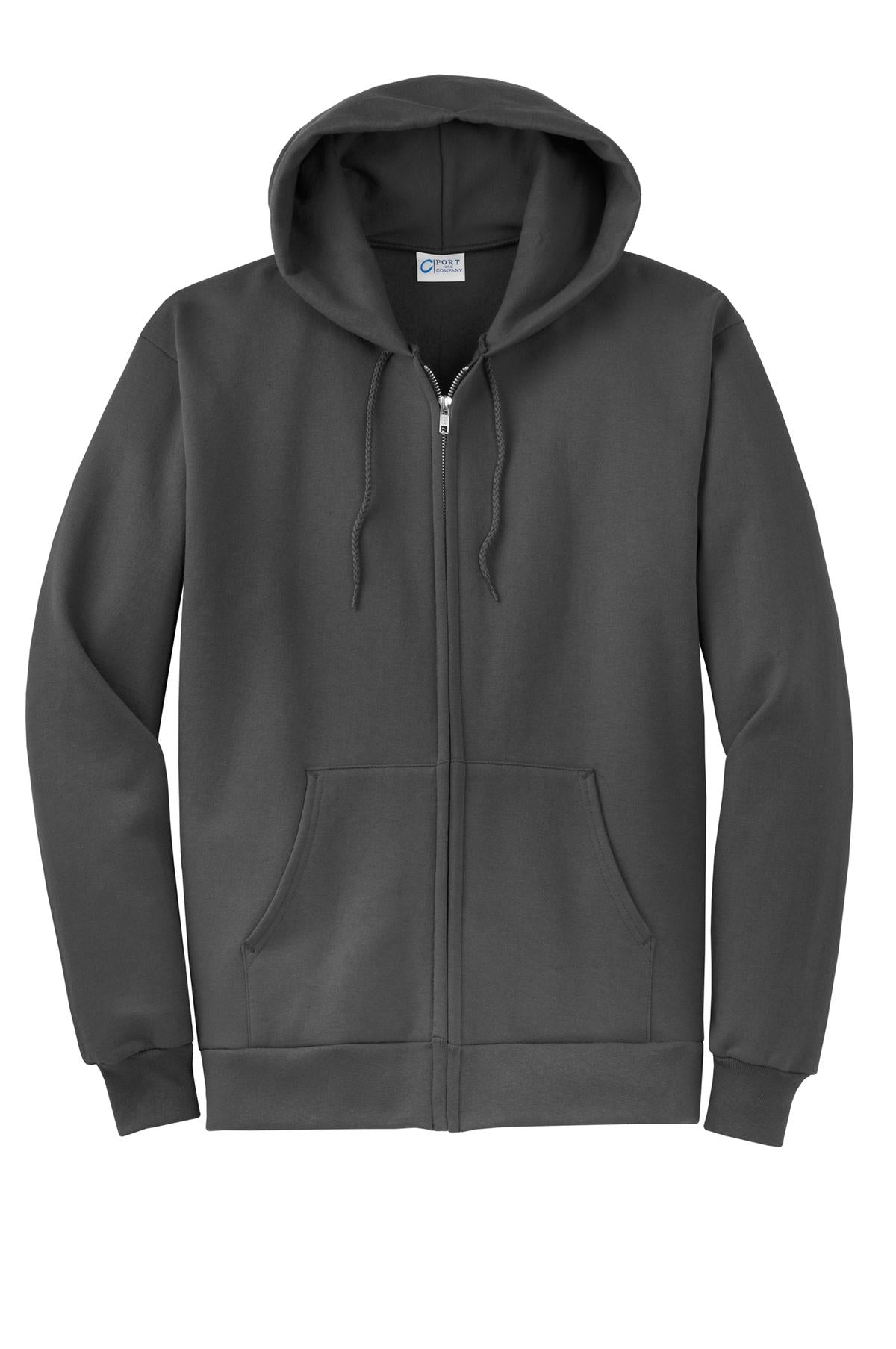 Front View of Charcoal Port & Co Core Fleece Full-Zip Hooded Sweatshirt. PC78ZH