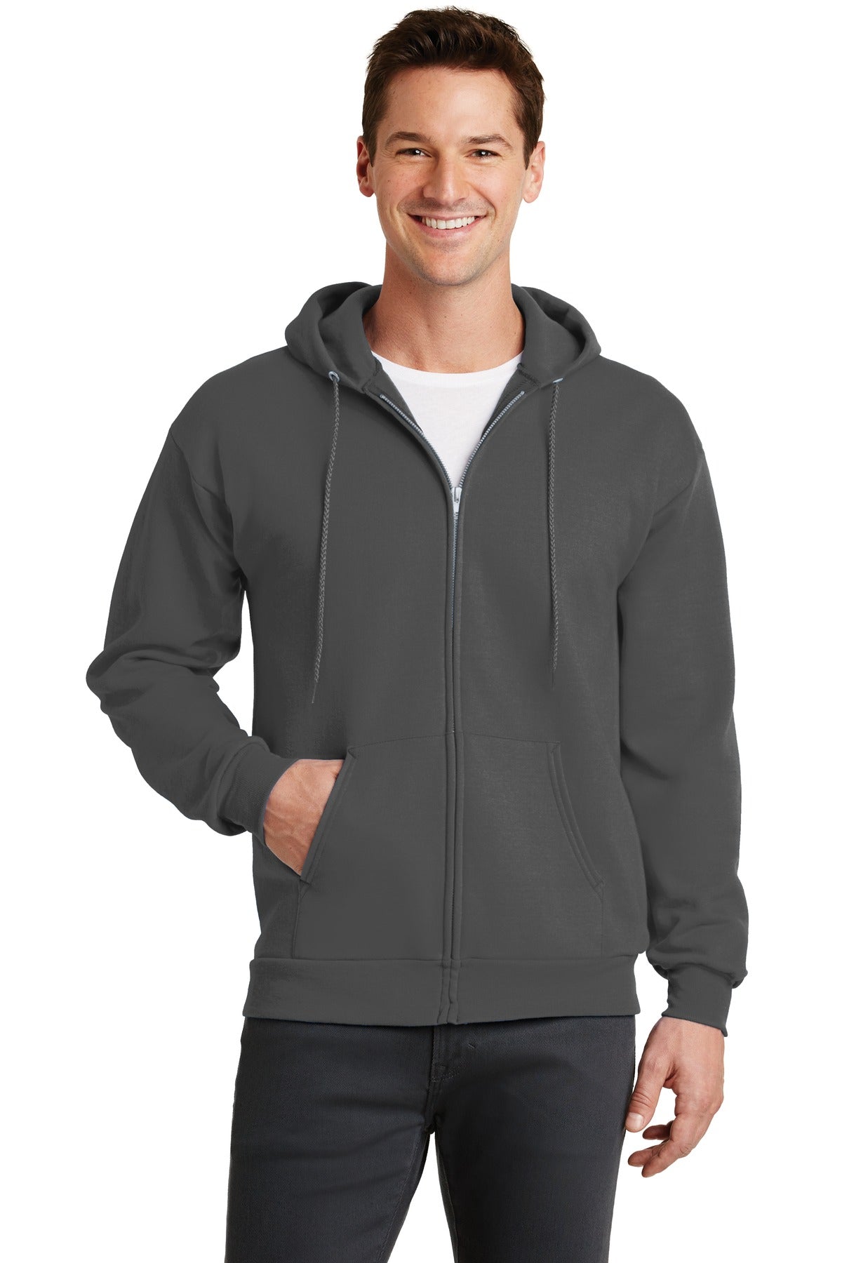 Front View of Charcoal Port & Co Core Fleece Full-Zip Hooded Sweatshirt. PC78ZH