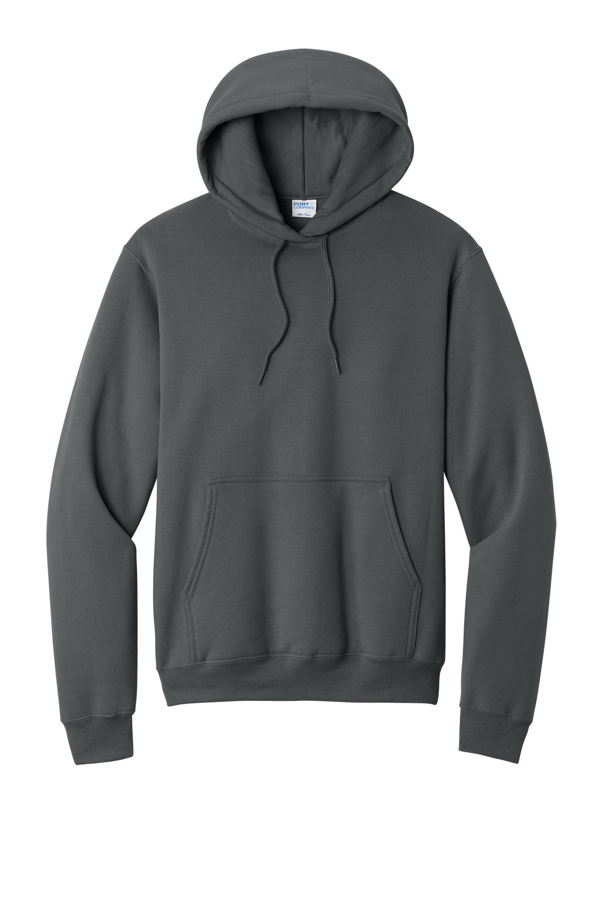Front View of Charcoal Port & Co Core Fleece Pullover Hooded Sweatshirt. PC78H