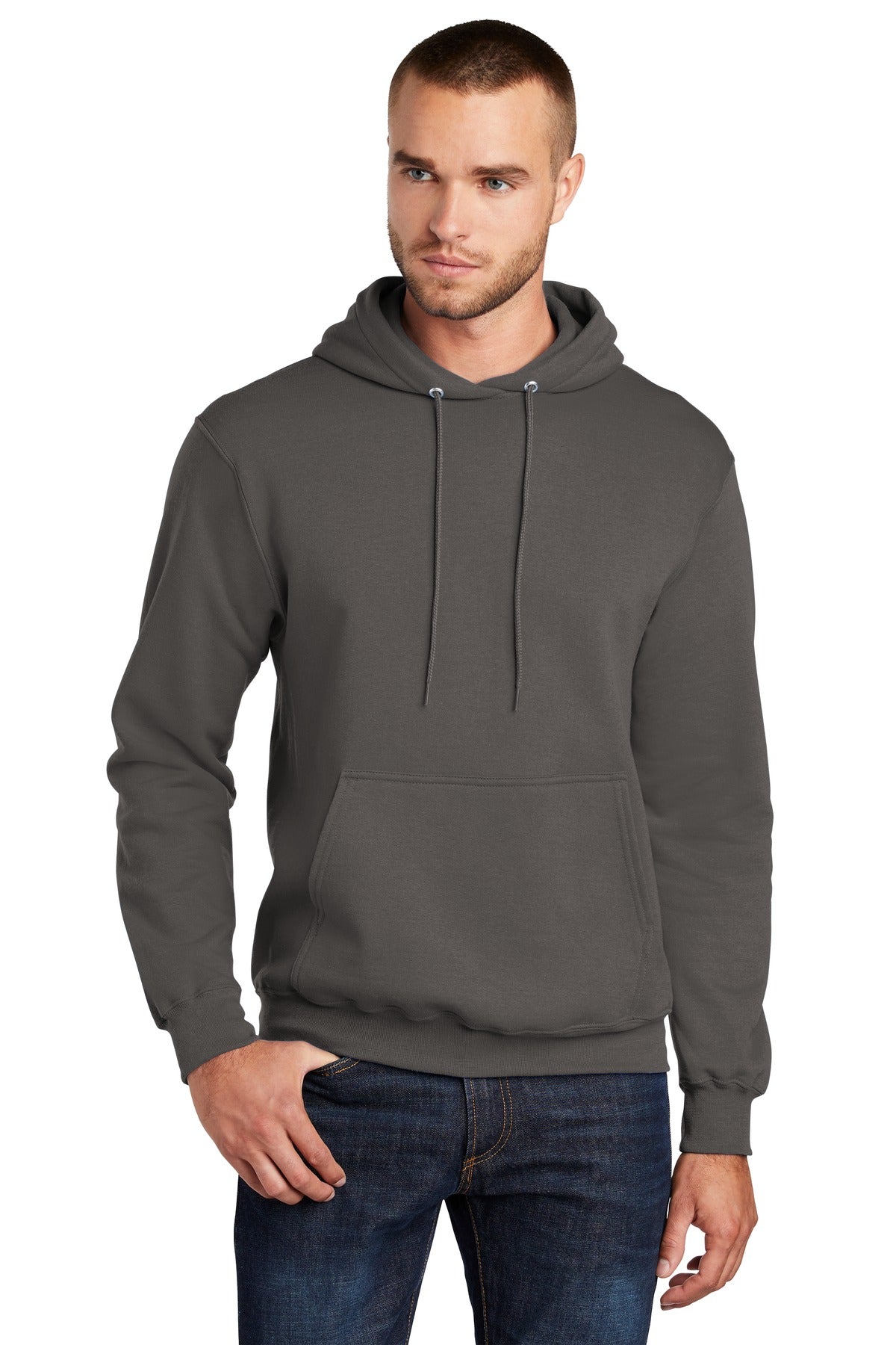 Front View of Charcoal Port & Co Core Fleece Pullover Hooded Sweatshirt. PC78H