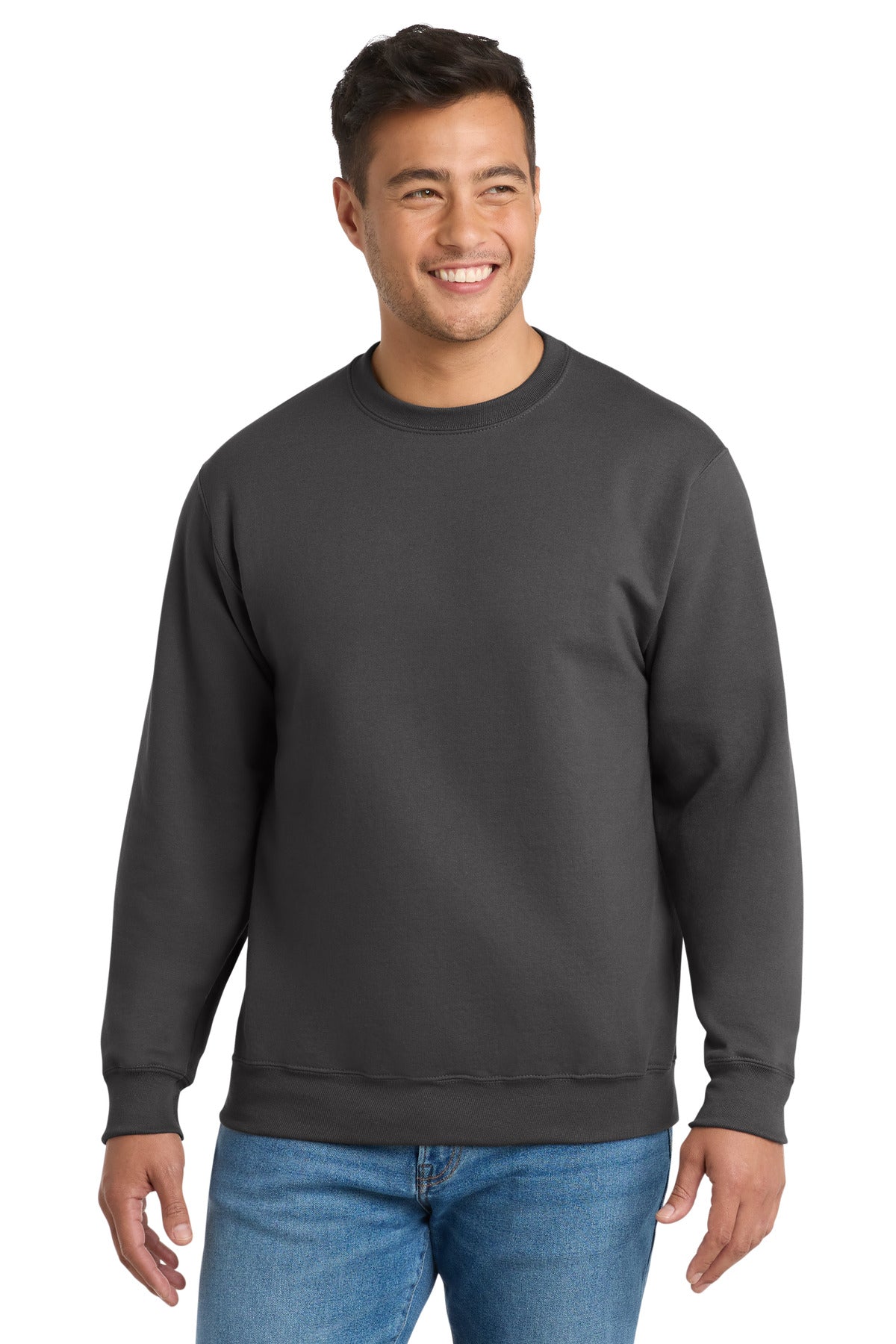 Front View of Charcoal Port & Co Essential Fleece Crewneck Sweatshirt. PC90