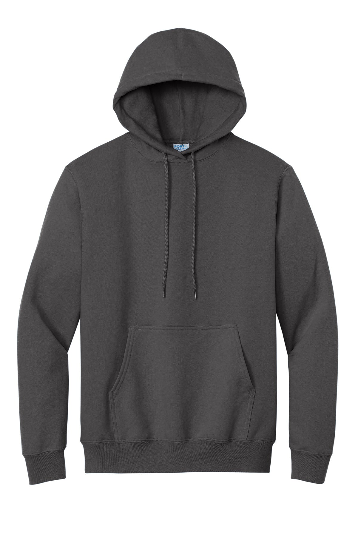 Front View of Charcoal Port & Co Essential Fleece Pullover Hooded Sweatshirt. PC90H