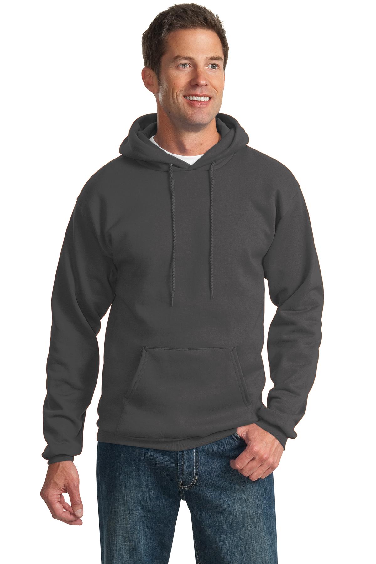 Front View of Charcoal Port & Co Essential Fleece Pullover Hooded Sweatshirt. PC90H