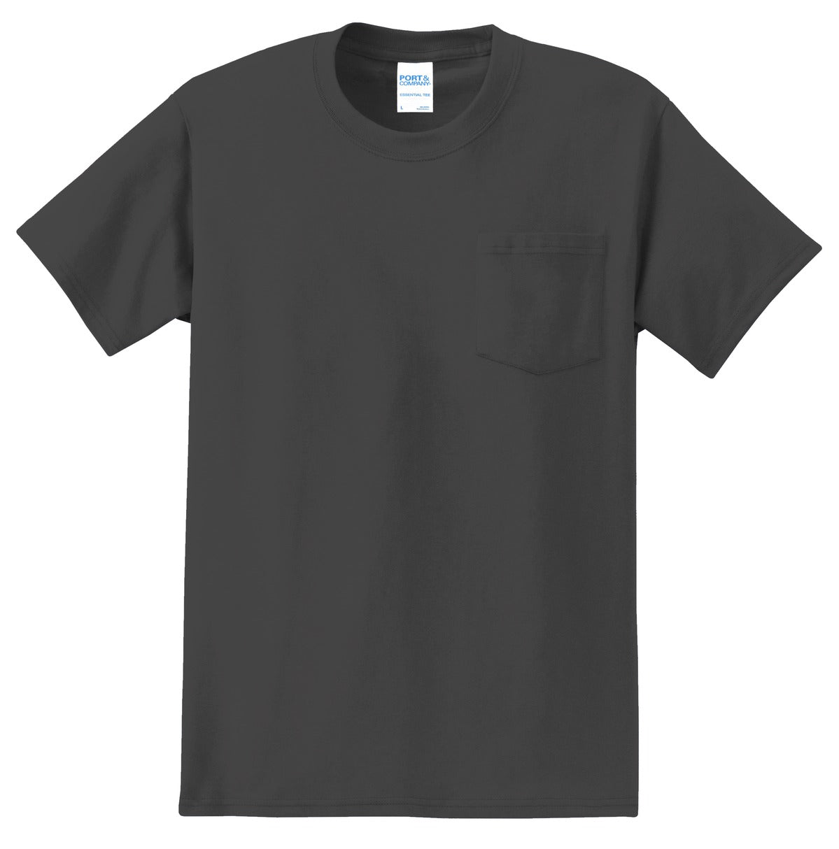 Front View of Charcoal Port & Co Essential Pocket Tee. PC61P