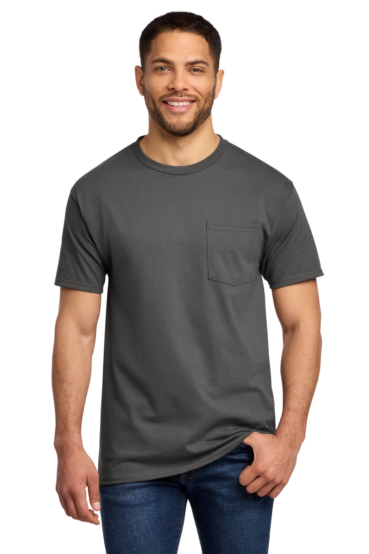 Front View of Charcoal Port & Co Essential Pocket Tee. PC61P